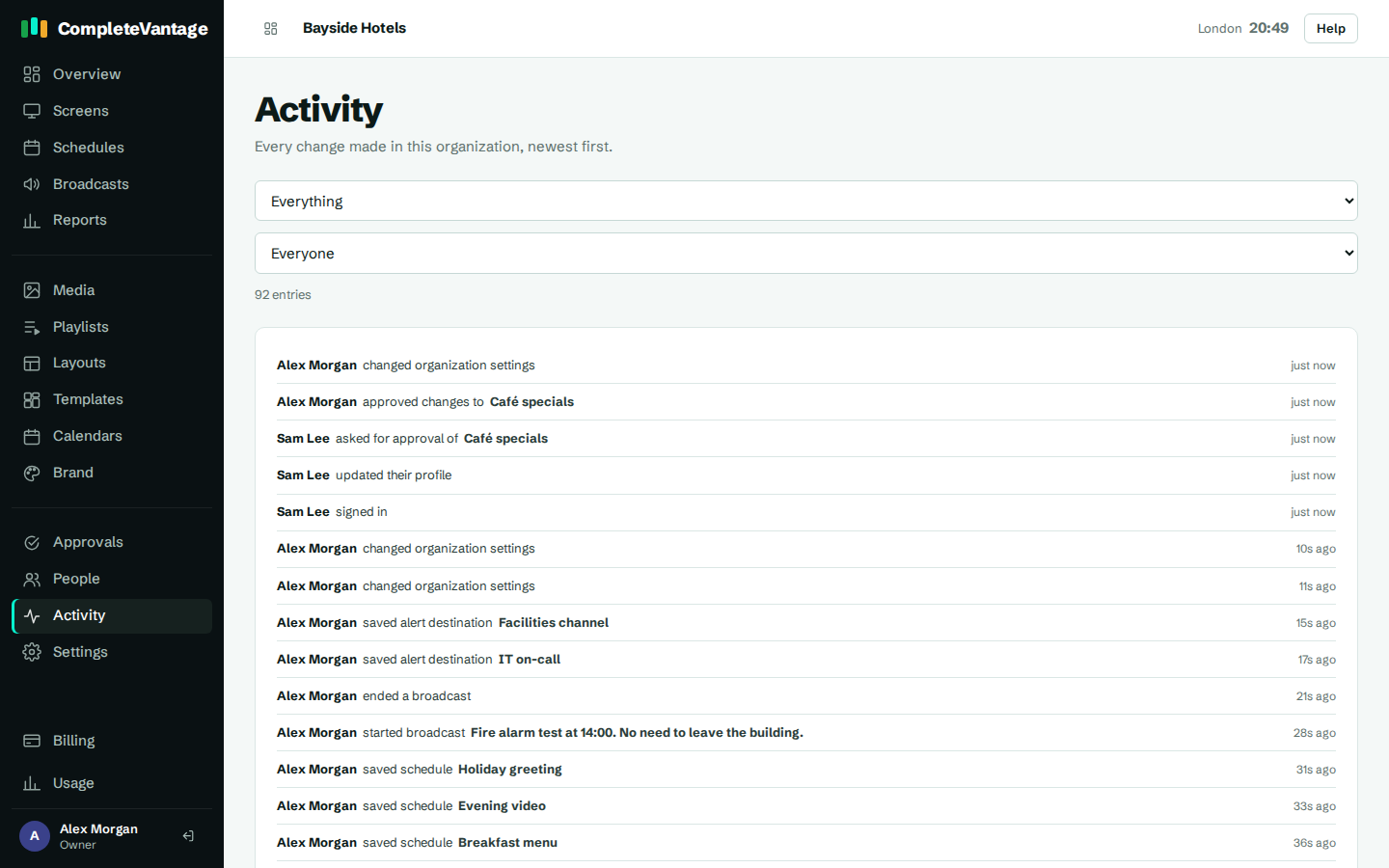The Activity page