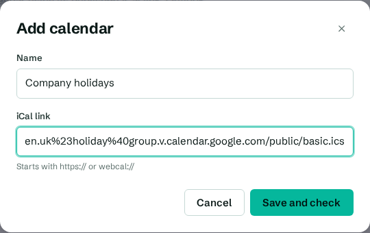 The Add calendar dialog