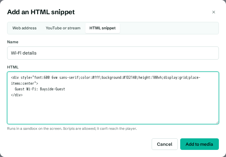 Adding an HTML snippet