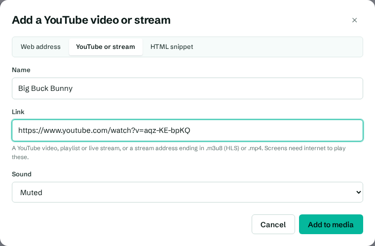 Adding a YouTube video or stream