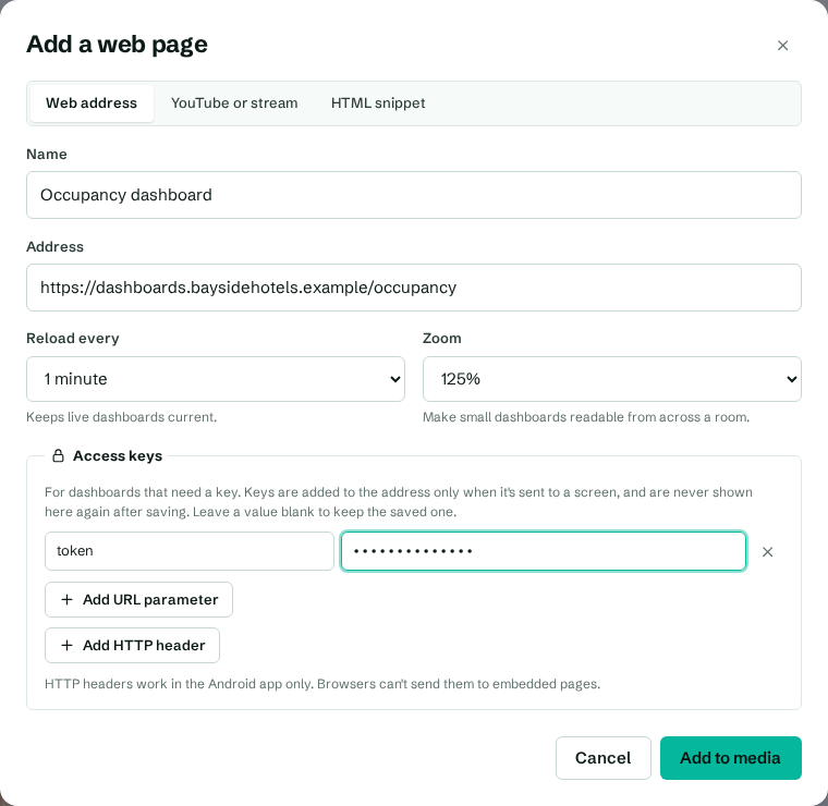 Adding a web page with reload, zoom and an access key