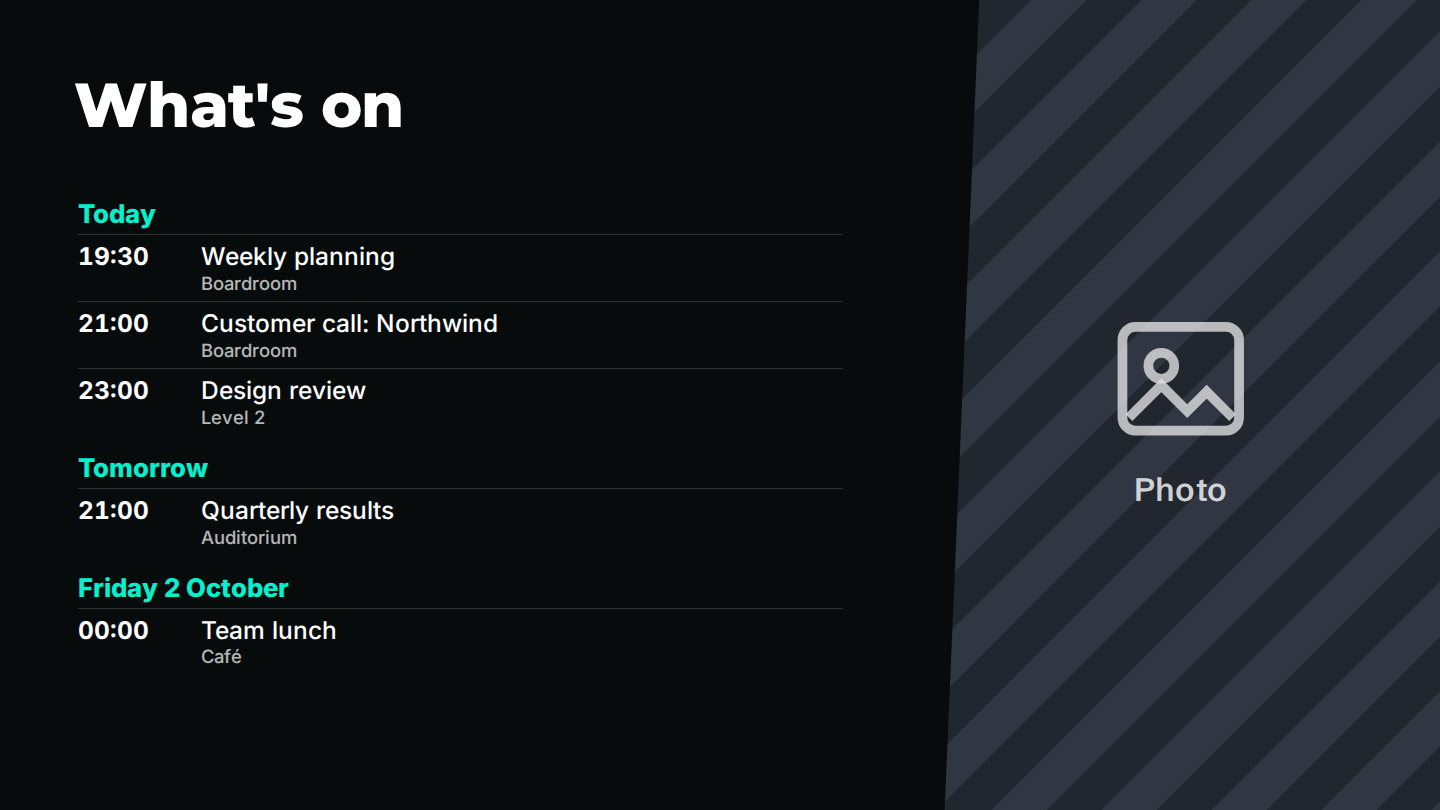 The What's on agenda template on a screen