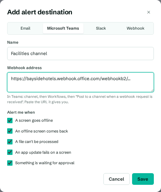 Adding an alert destination for Microsoft Teams