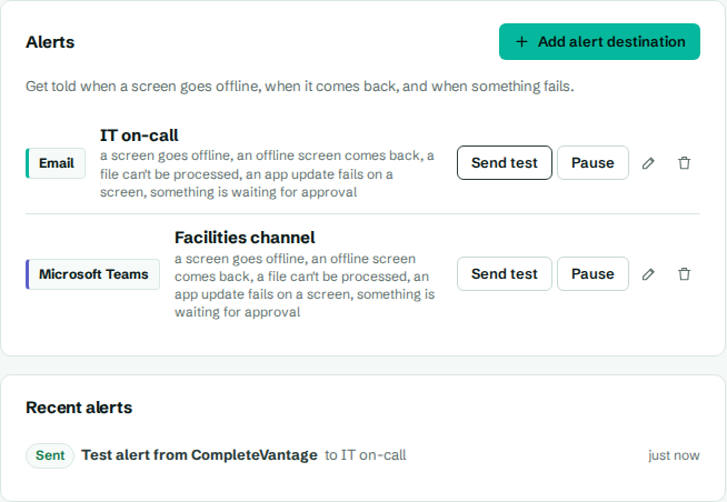 The Alerts panel with destinations and recent alerts