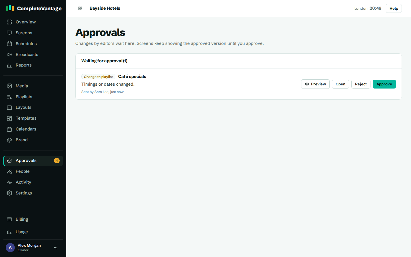 The Approvals page
