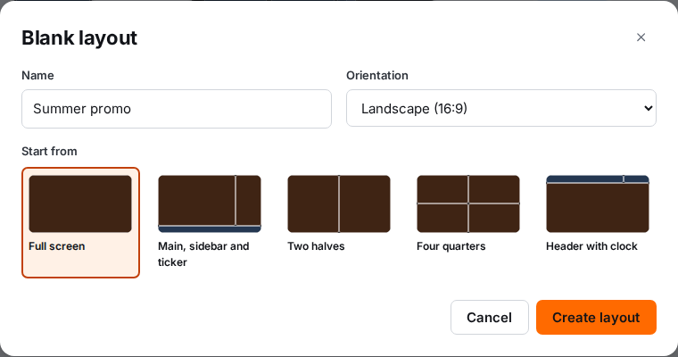 The Blank layout dialog with starting arrangements