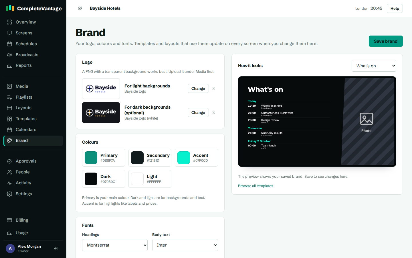Choosing heading and body fonts on the Brand page