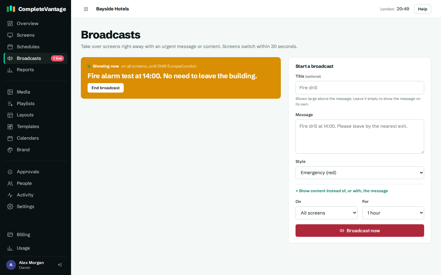 A live broadcast on the Broadcasts page, with End broadcast