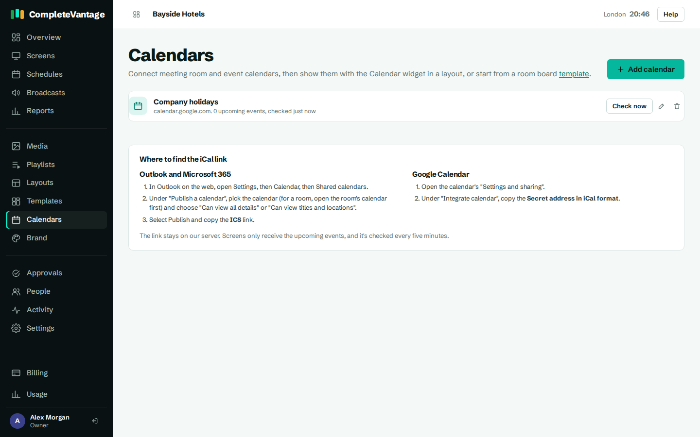 The Calendars page