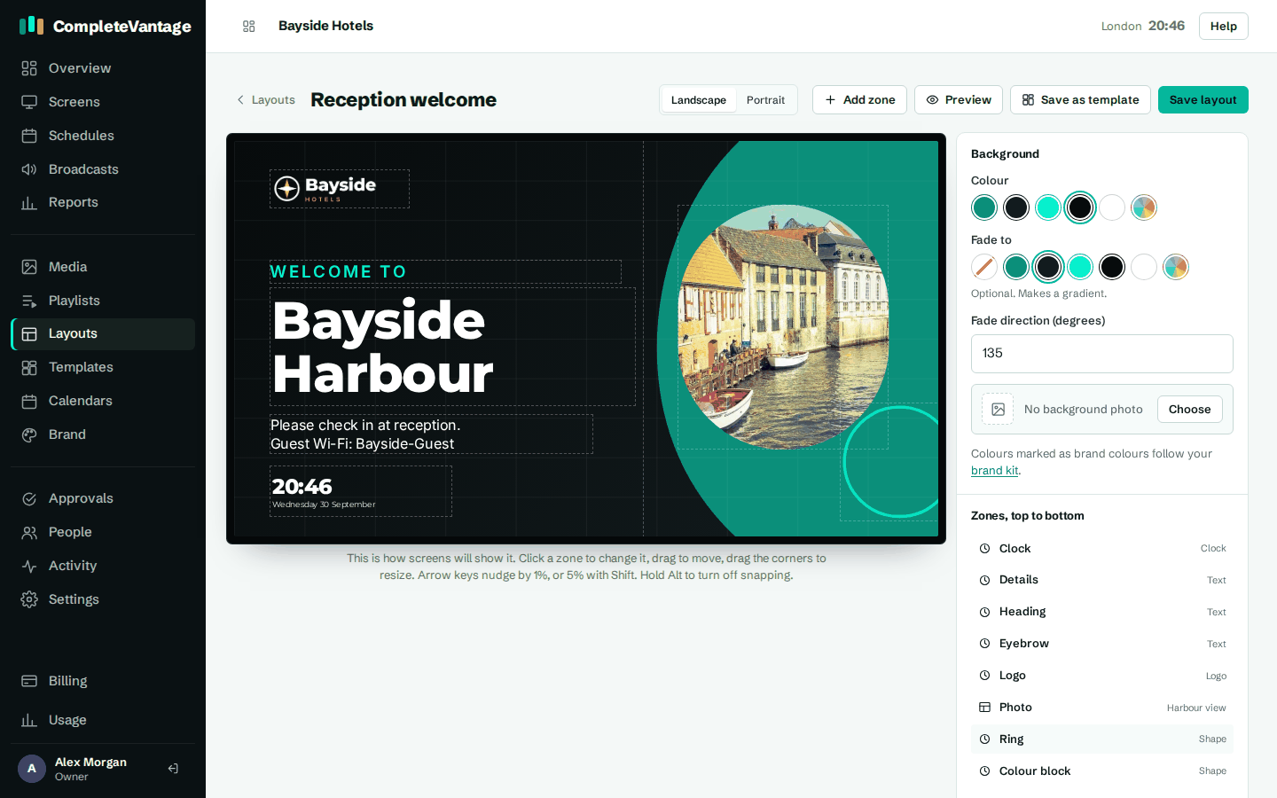 The layout designer, with the canvas on the left and settings on the right