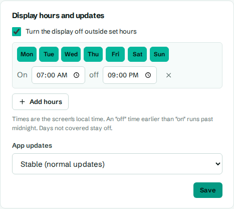 Display hours on a screen's page