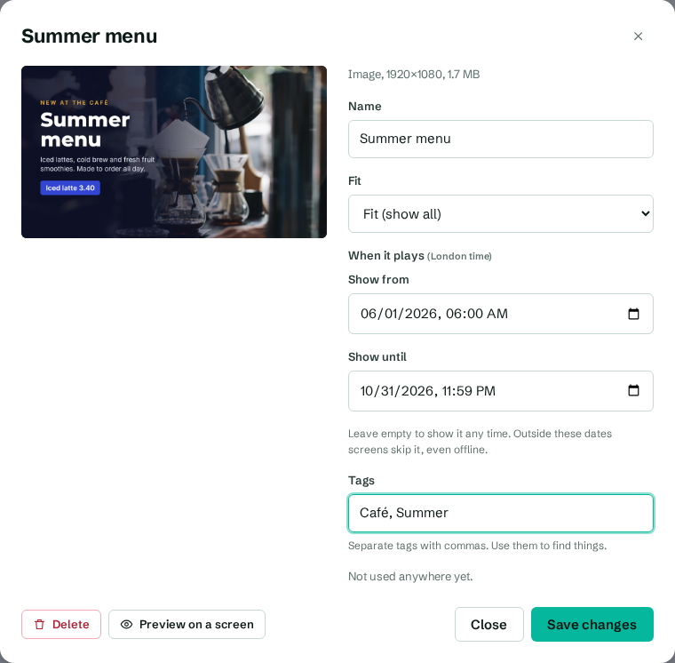 Show from, show until and tags in the media dialog