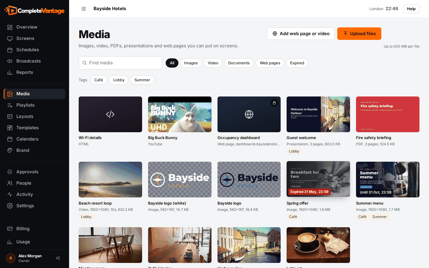 The media library with images, a video, documents and web pages