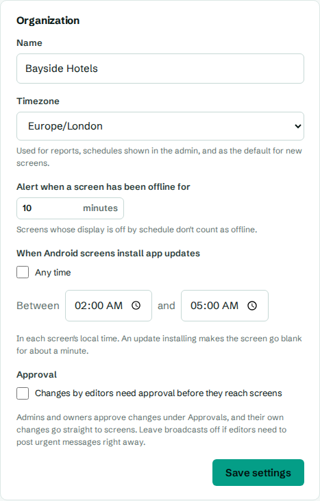 The Organization settings panel, with the install window