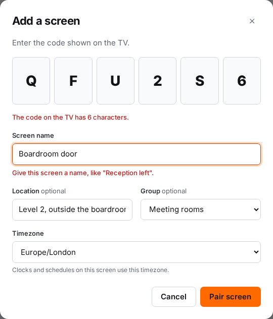 The Add a screen dialog