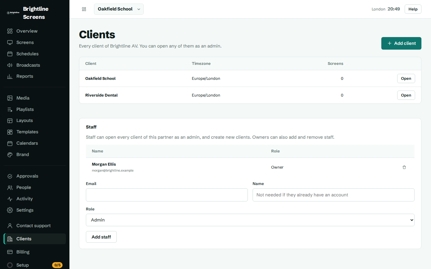 The Clients page for partner staff