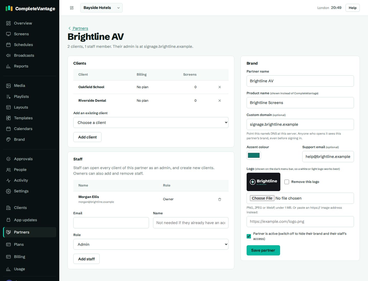 A partner's brand and custom domain settings