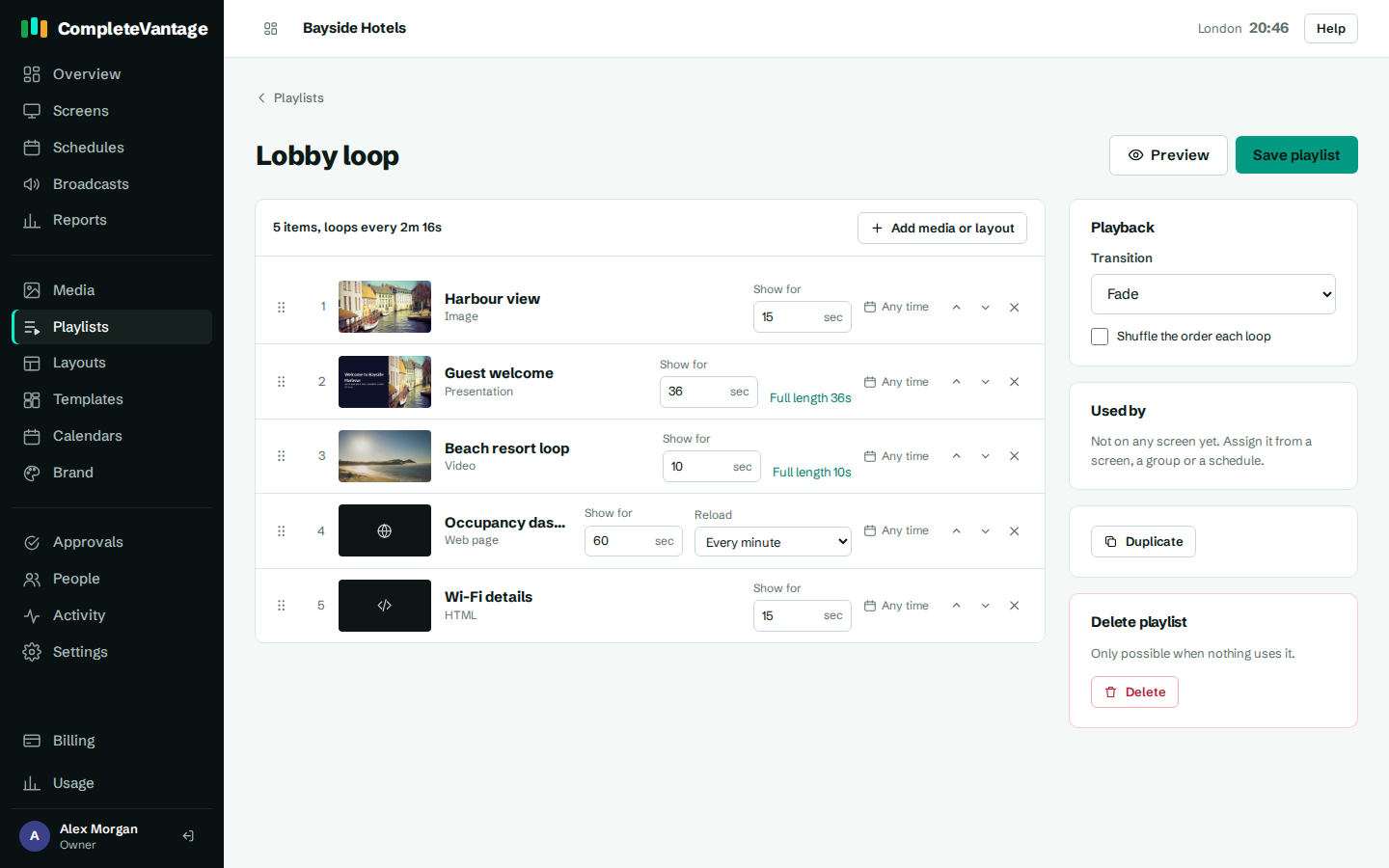 Items in the playlist editor with Show for durations