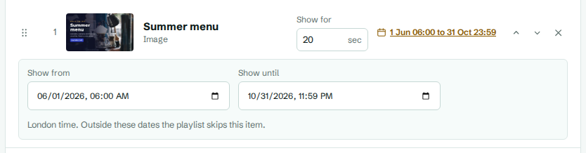 Show from and until dates on a playlist item