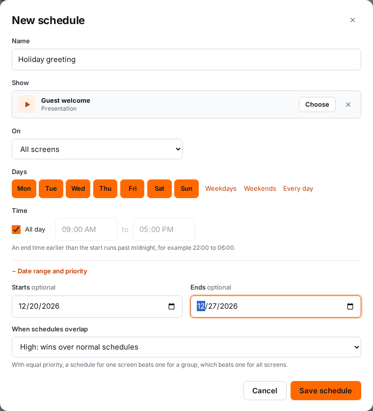 The New schedule dialog, with the date range and priority options open