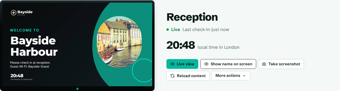 The top of a screen's page, with its picture, status and remote actions