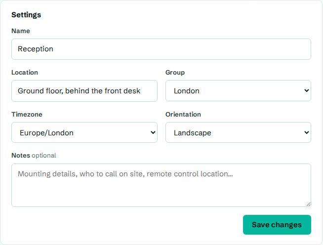 The Settings panel on a screen's page