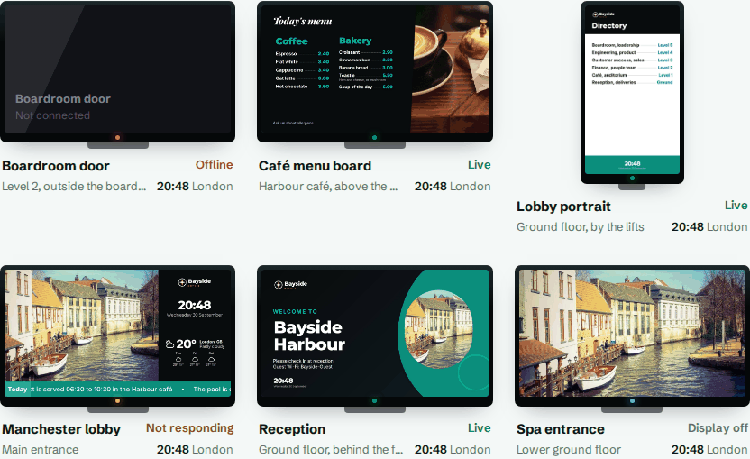 Screen cards showing each status