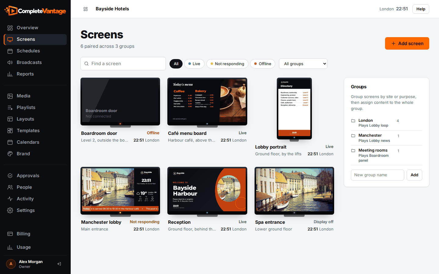 The Screens page, with the Groups panel on the right