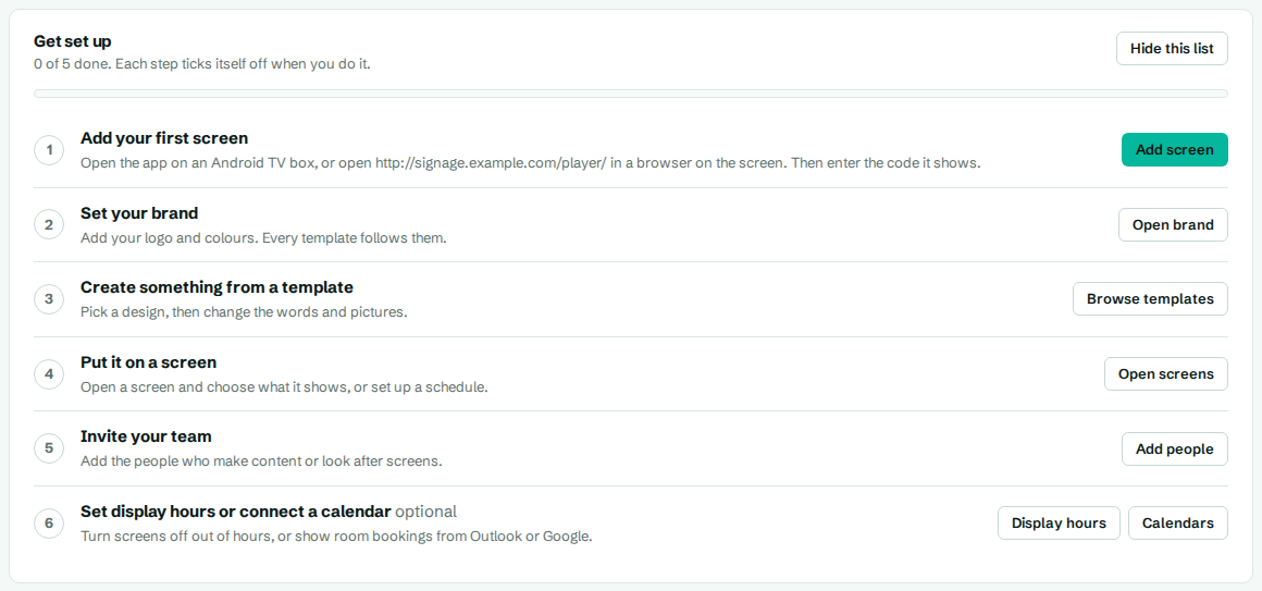 The setup list on Overview
