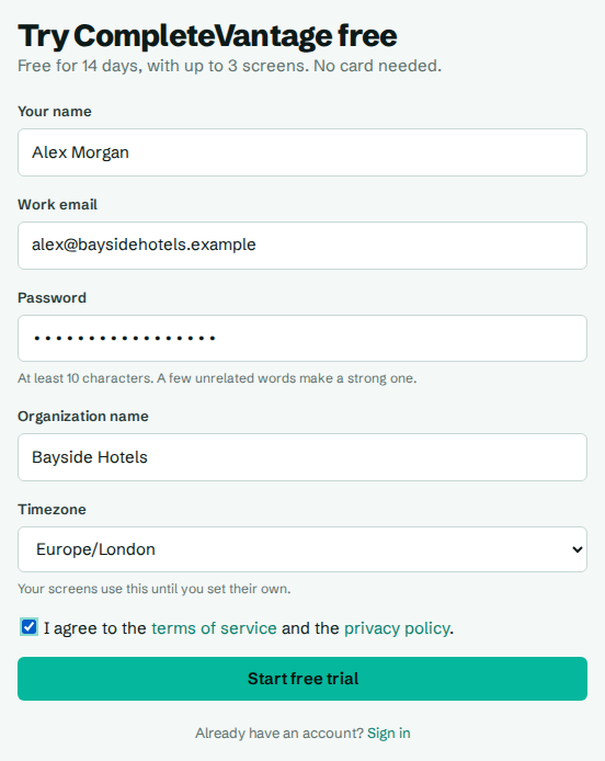The sign-up form