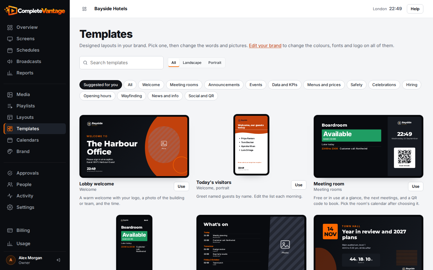 The template library, with category filters and live previews