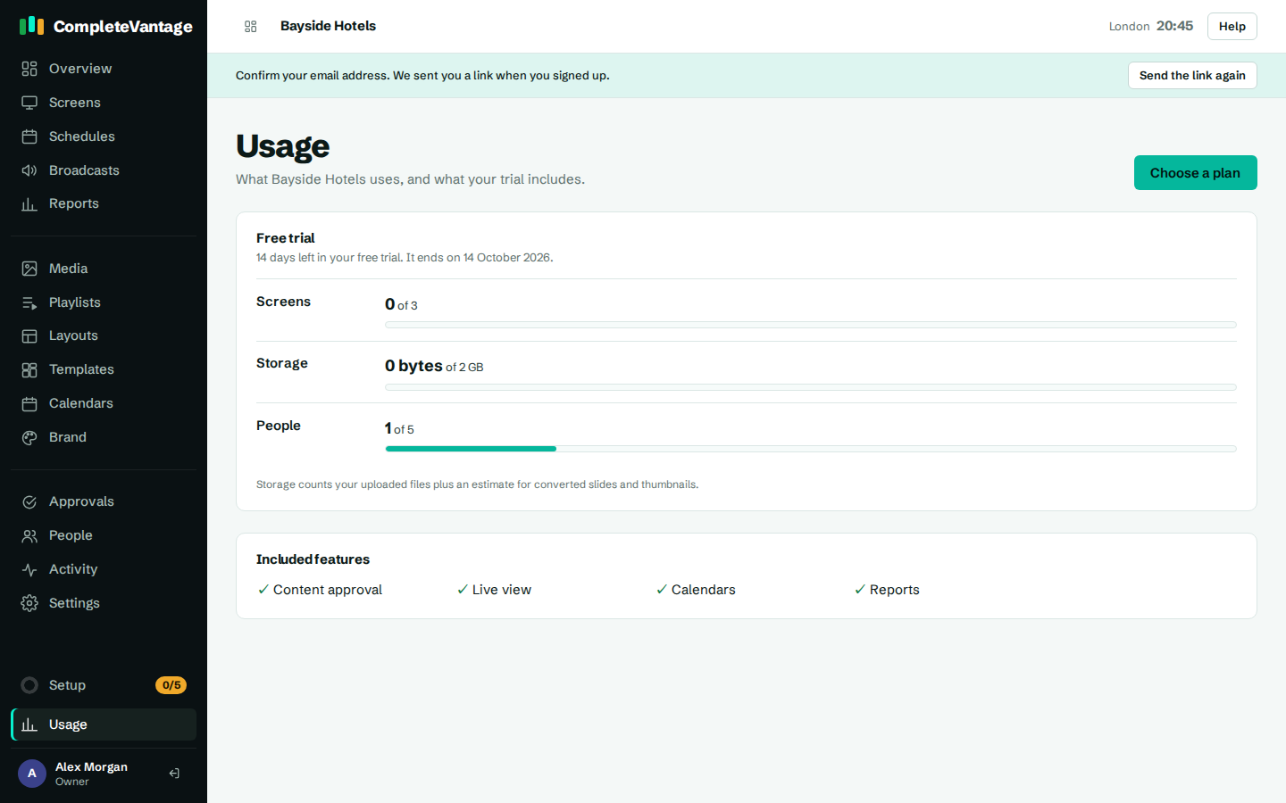 The Usage page during a free trial