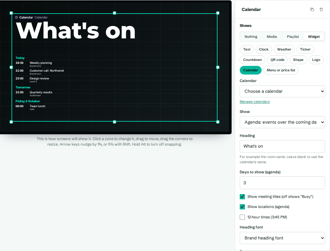 Calendar widget settings in the layout designer