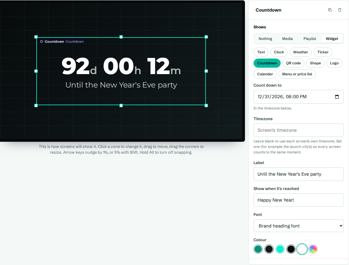A countdown widget and its settings
