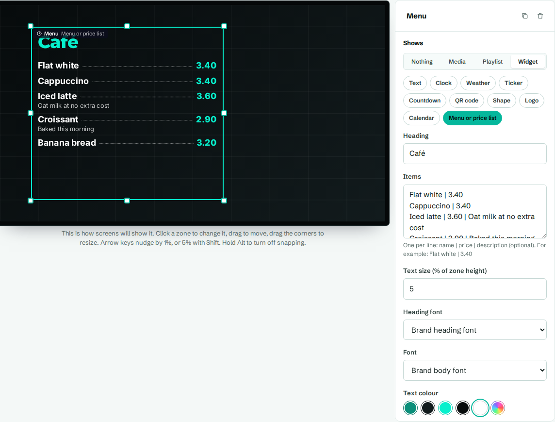 A menu widget and its settings