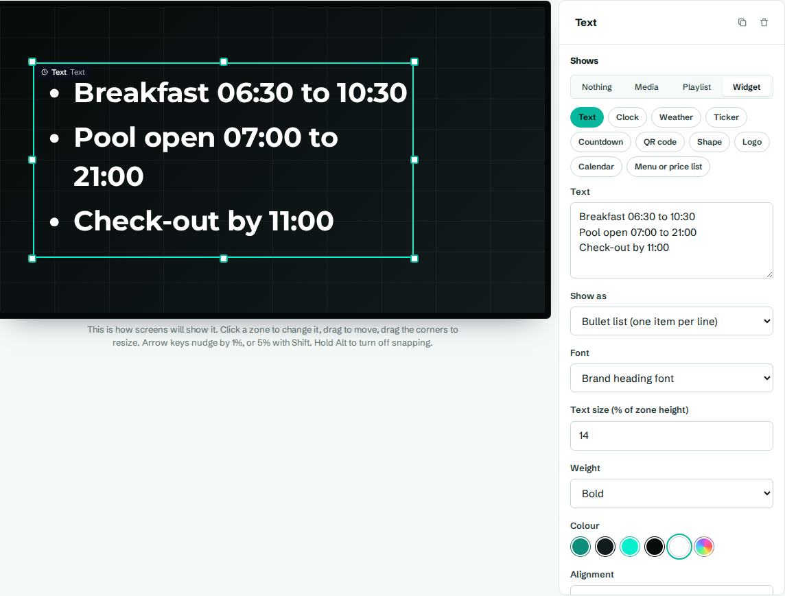 A text widget selected in the designer, with its settings