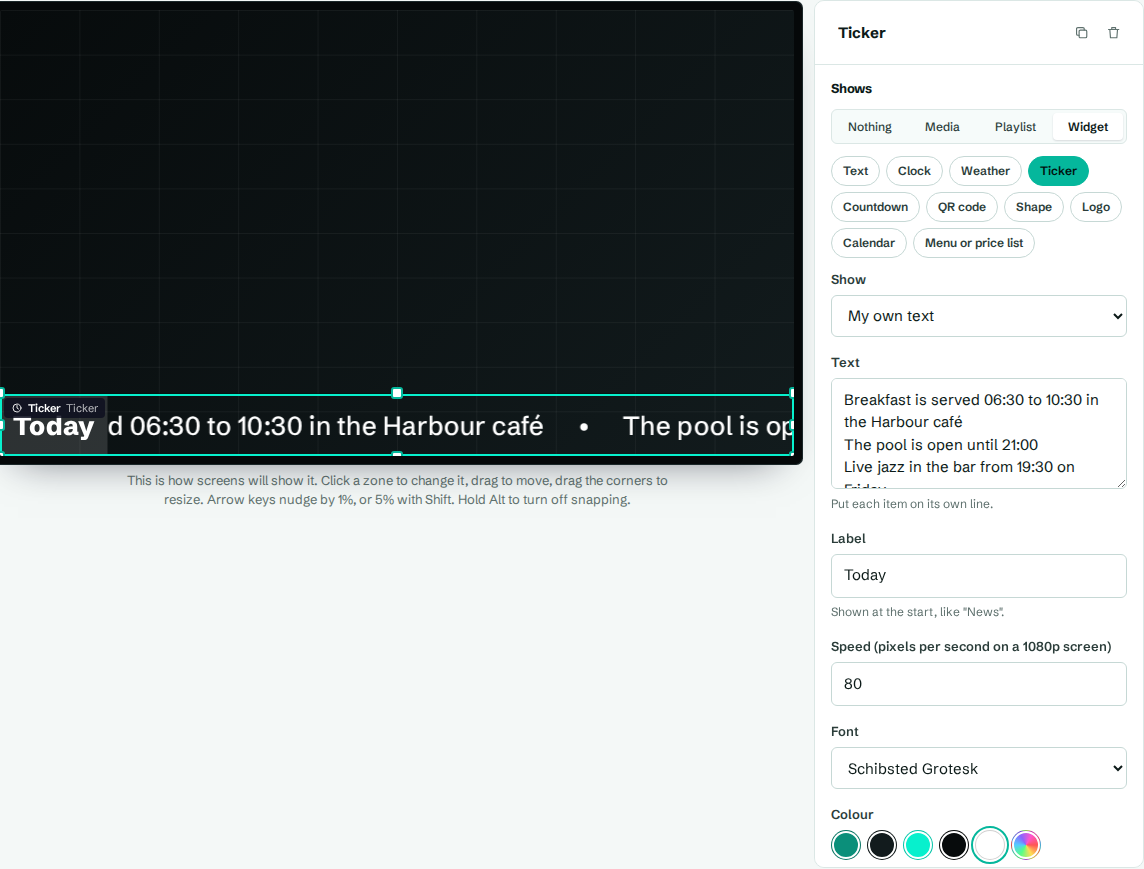 A ticker widget scrolling your own messages, with a label