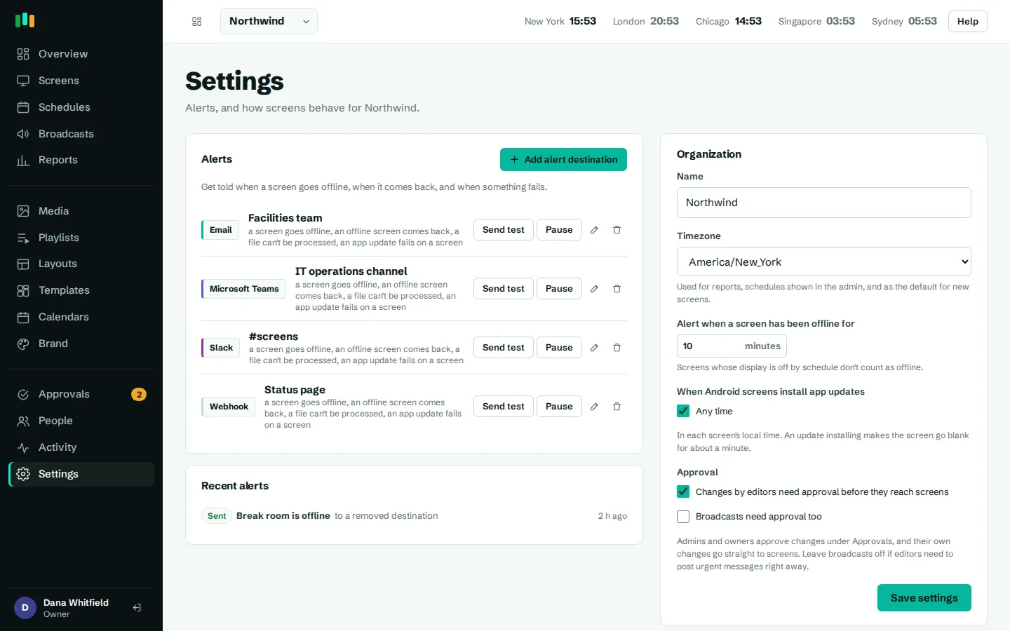 Alert settings: email, Microsoft Teams, Slack and webhook destinations