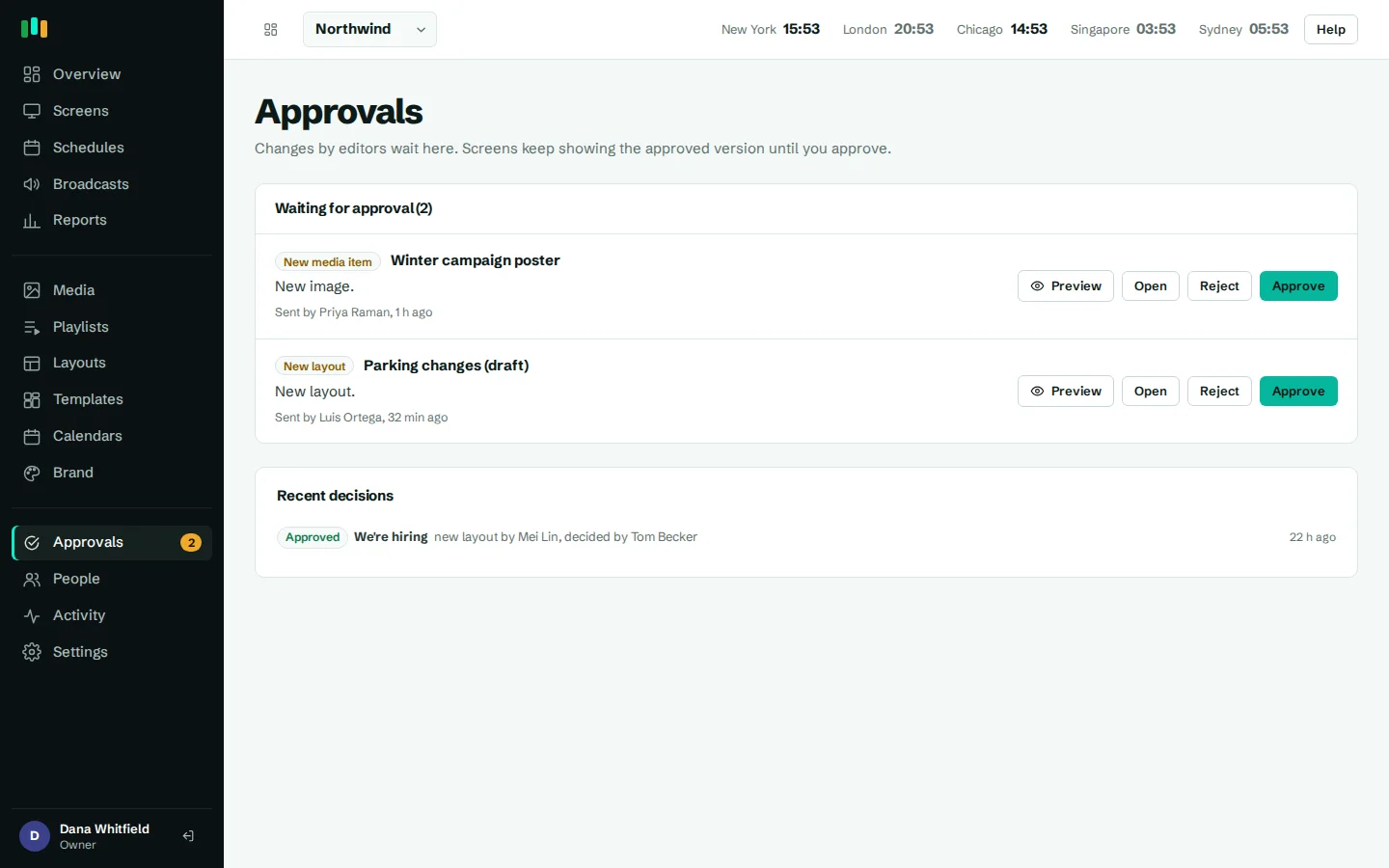 The approvals queue: changes waiting for an admin, with preview, approve and reject