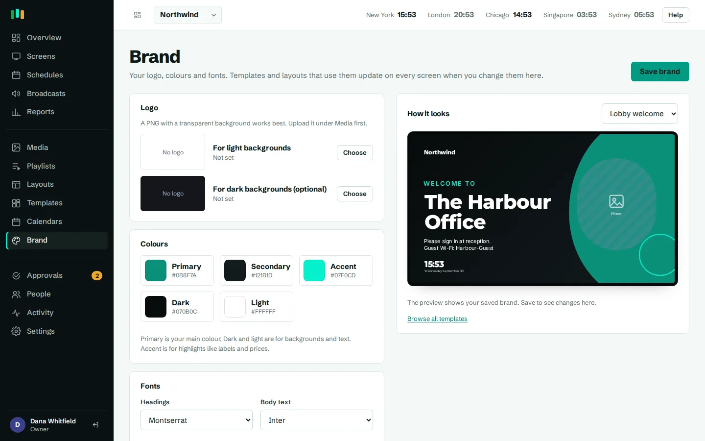 The brand kit: logos, five colors and heading and body fonts