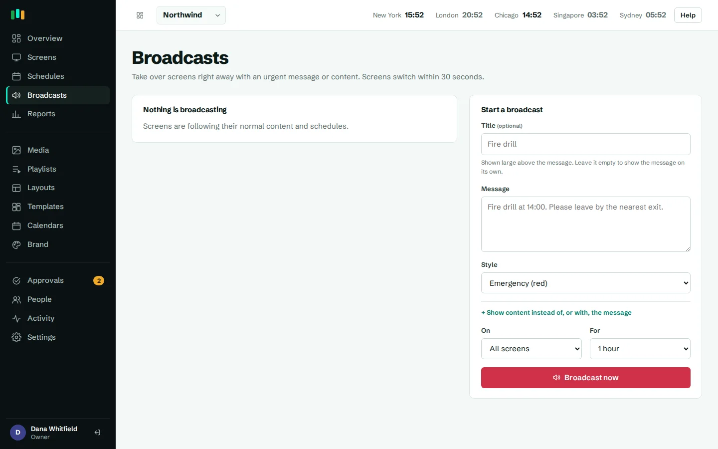 Starting a broadcast: message, tone, screens and how long it runs