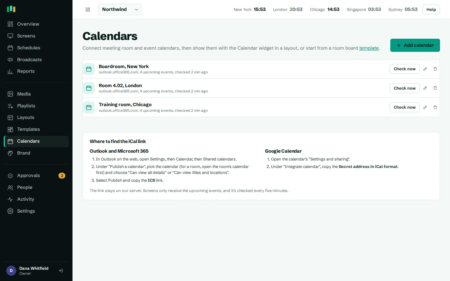 Room calendars connected with iCal links