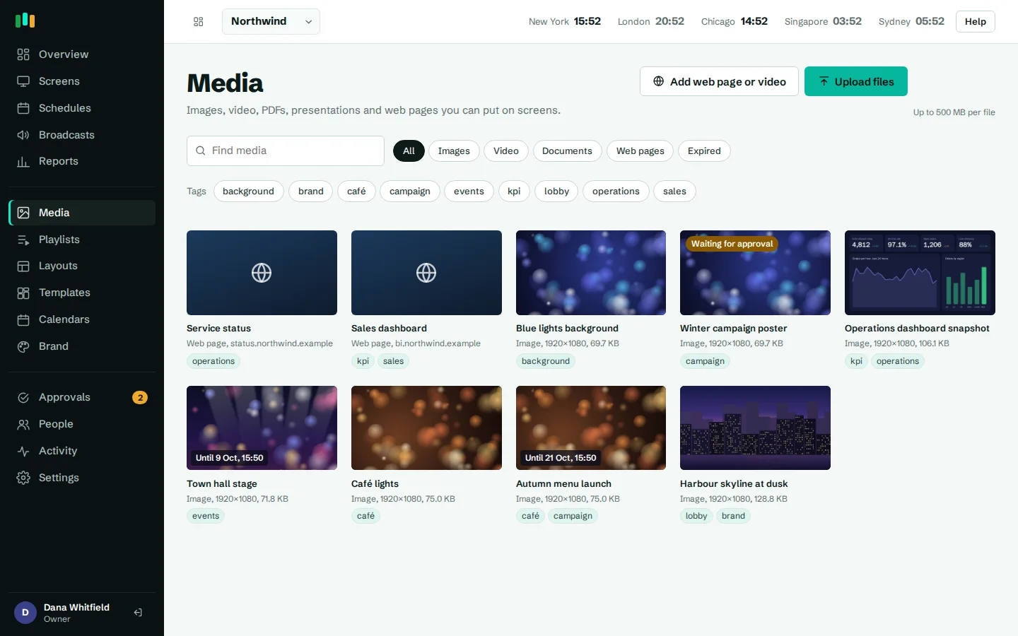 The media library with images, videos, documents and web pages, tags and date badges