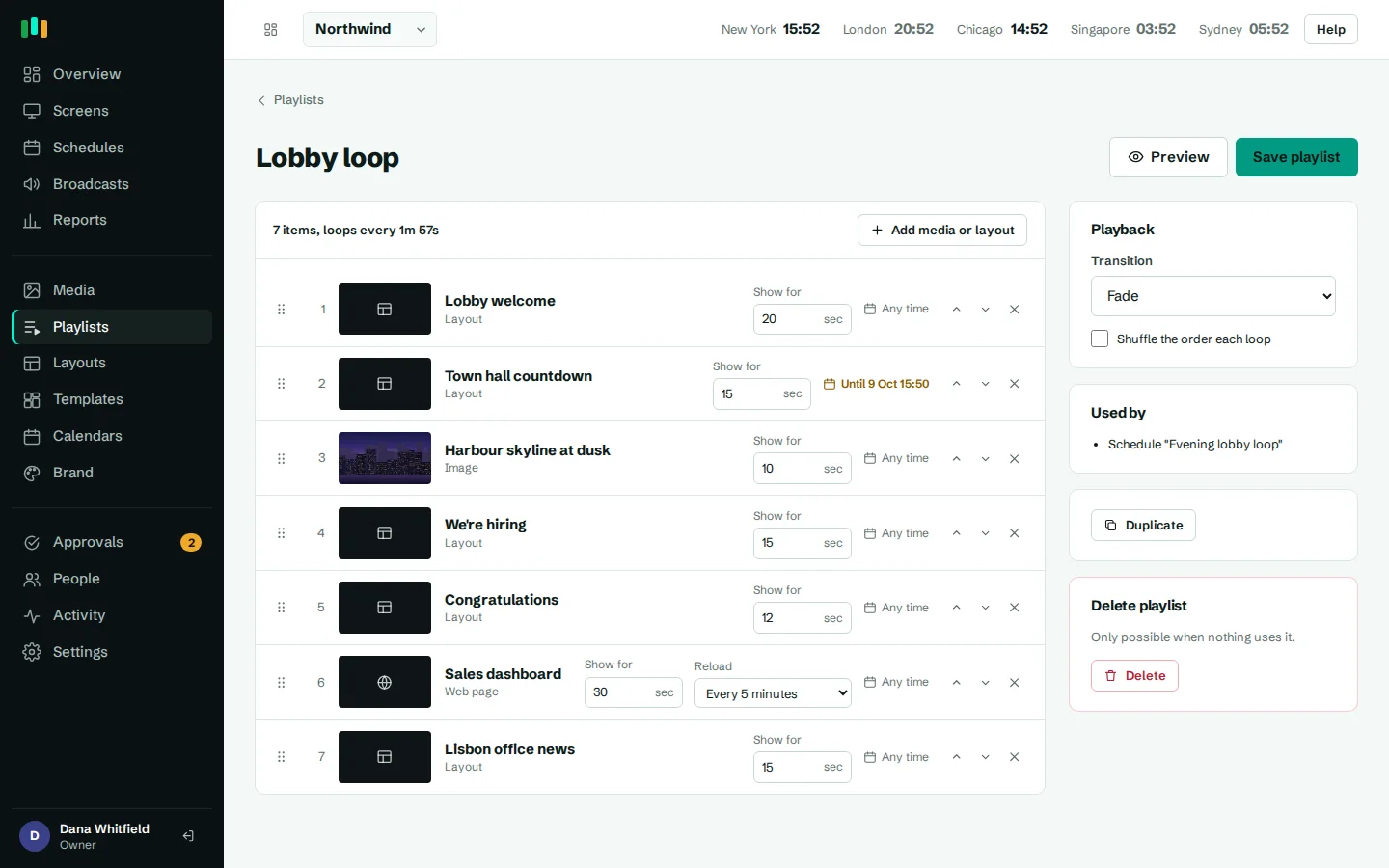 The playlist editor: items in order with durations and transitions