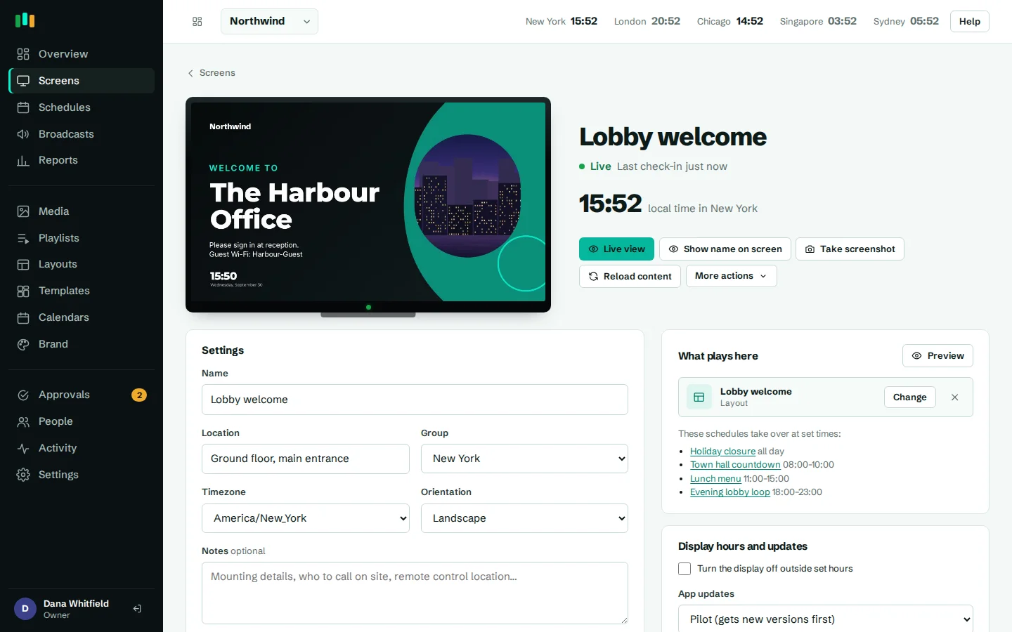 One screen's page: status, local time, what it is playing and remote actions