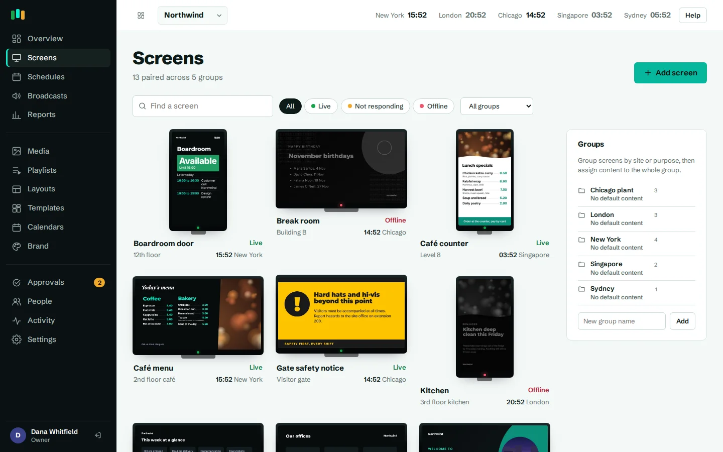 The screens page: a wall of screens grouped by building, each with live status