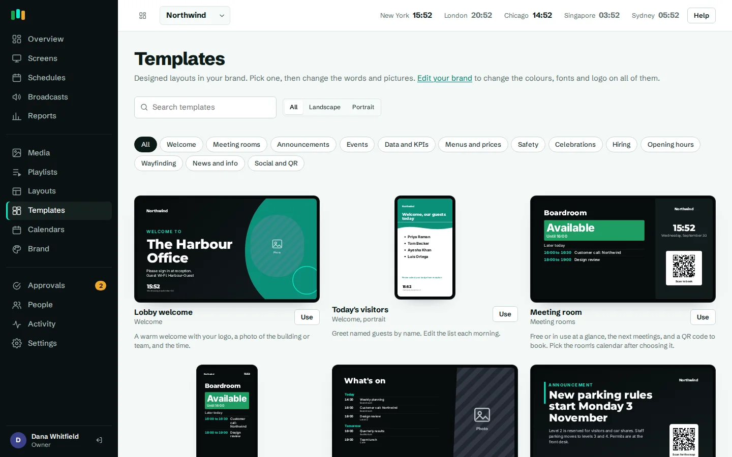 The template gallery with live previews in the organization's brand