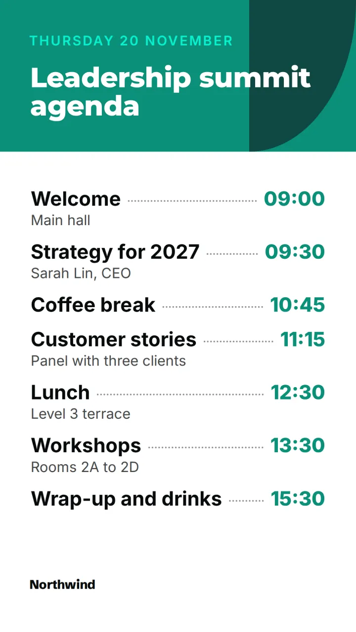 Portrait agenda for a conference or training day