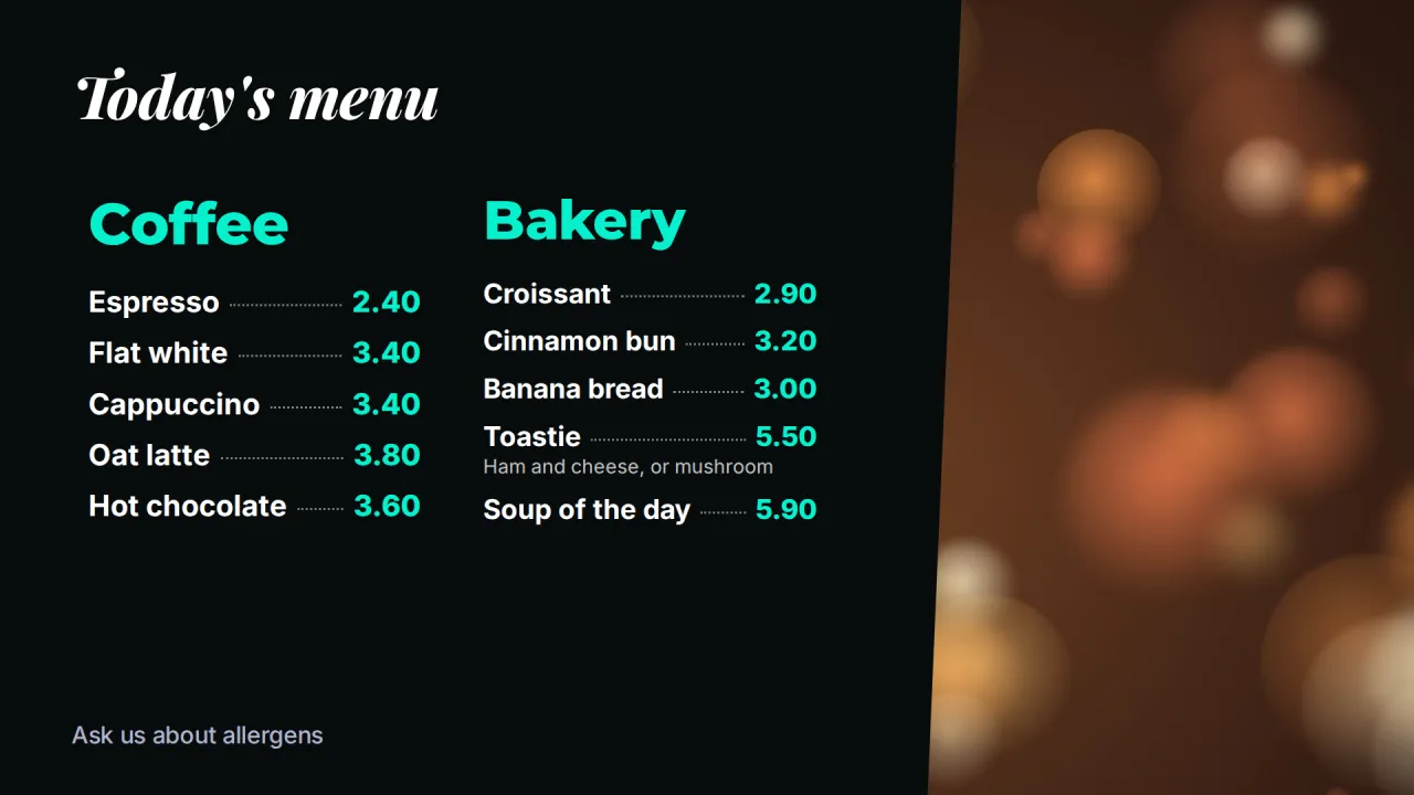 Café menu board with two columns of items and prices
