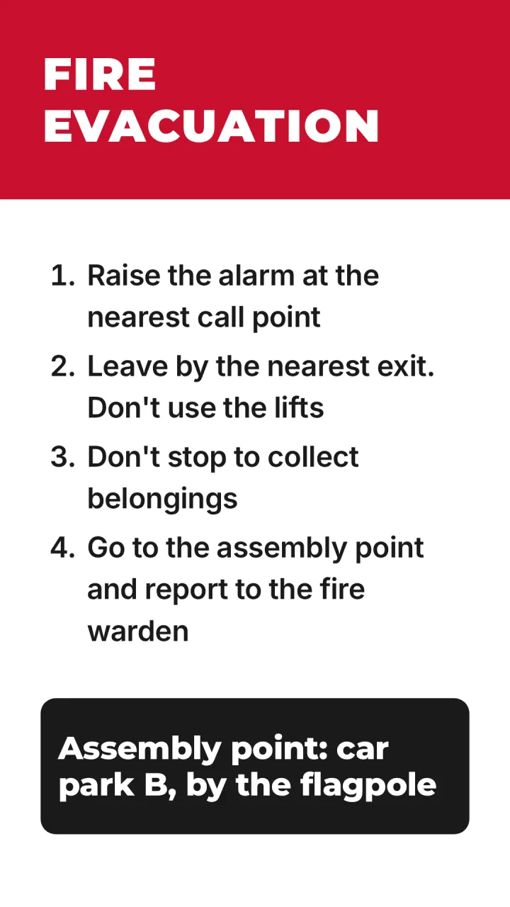 Portrait evacuation steps and assembly point in red and white